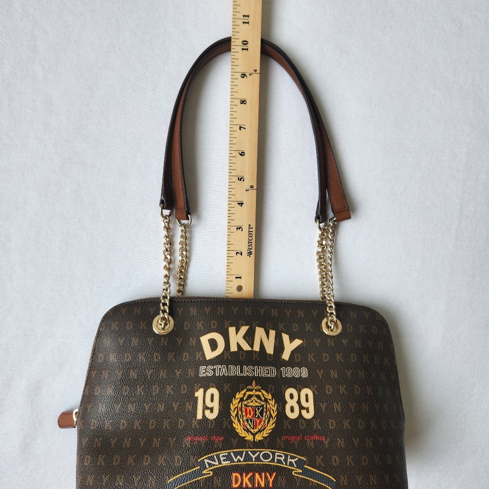 DKNY Signature Logo Maddison Dome Shoulder Bag Satchel Top Zip Brown Gold Chain - Picture 13 of 16